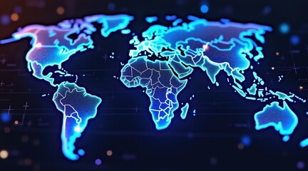 A glowing digital map of the world with neon outlines and a futuristic, tech-inspired style.