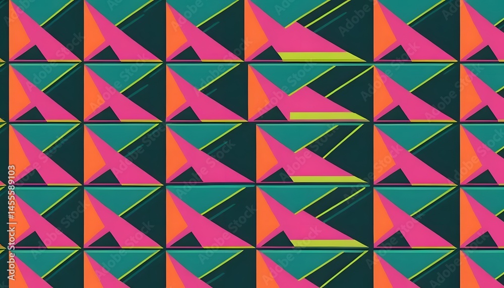 Poster repeating pattern of colorful triangles and squares in a geometric design with a retro aesthetic
