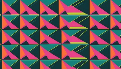 Fototapeta premium Repeating pattern of colorful triangles and squares in a geometric design with a retro aesthetic