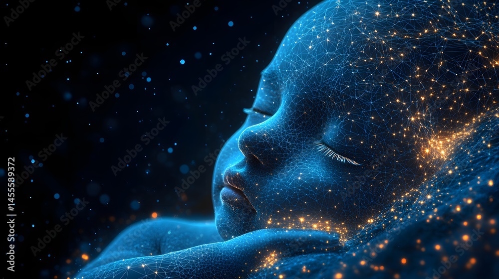 Aufkleber Dreaming child rendered in glowing digital mesh. Evokes consciousness and tech. Abstract Digital low-poly wireframe connected dots in dark blue.