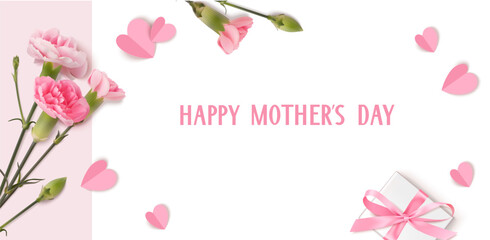 Fototapeta na wymiar Happy Mother's Day holiday design template with realistic pink carnation flowers, gift box and paper hearts on white background. Vector stock illustration.