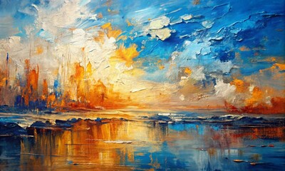 Abstract oil painting with light pastel colors, oil on canvas white, marine blue and amber orange, wallpaper, background, use of palette knives, realistic hyper-detail, expressive brush strokes