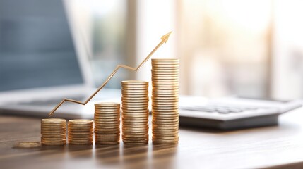 Stacks of coins displayed with a laptop in the background representing financial growth and increasing monetary assets