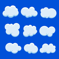 Set of cartoon cloud in a flat design. Fluffy white cartoon clouds in blue sky vector set.
