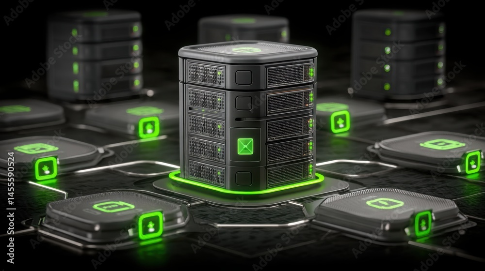 Poster server surrounded by green lights representing financial reporting layer and structured data in digi