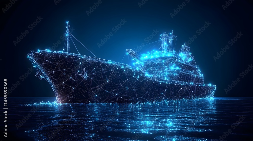 Aufkleber futuristic ship design as a glowing blue wireframe on water, reflecting in the dark blue background.