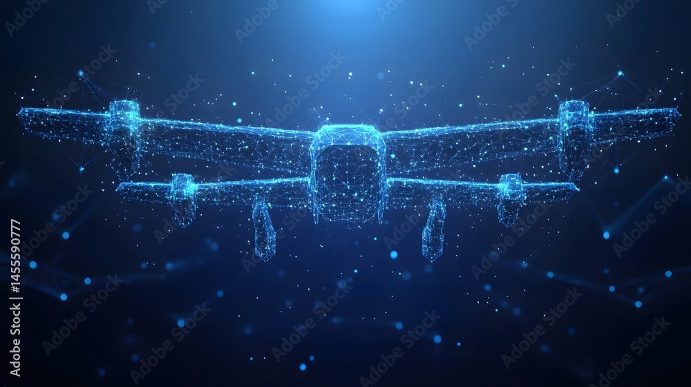 Aufkleber Futuristic aircraft design rendered as a blue wireframe network against a dark blue backdrop. Abstract Digital low-poly wireframe connected dots in dark blue