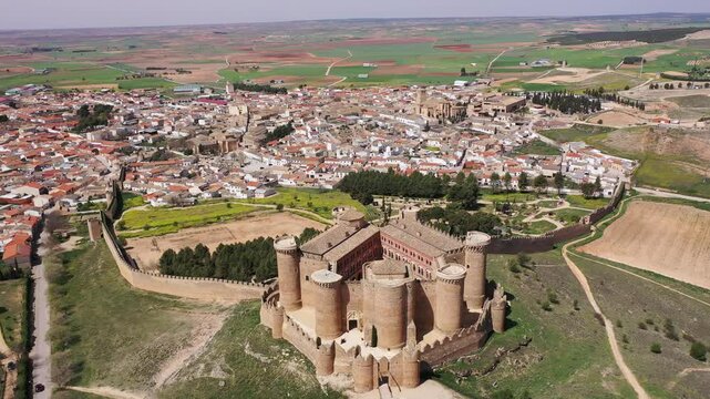 Aerial photo of Belmonte Castle and village. Townscape of Belmonte, Province of Cuenca, Spain.