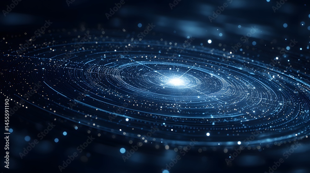 Poster A mesmerizing abstract galaxy. Glowing rings and radiant beams create depth. Floating orbs enhance the celestial wonder. Abstract Digital low-poly wireframe connected dots in dark blue.