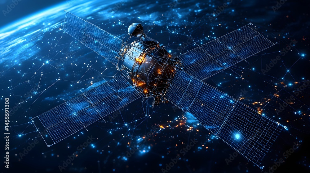 Poster satellite orbits earth, solar panels deployed, city lights glow. captivating space scene. abstract d