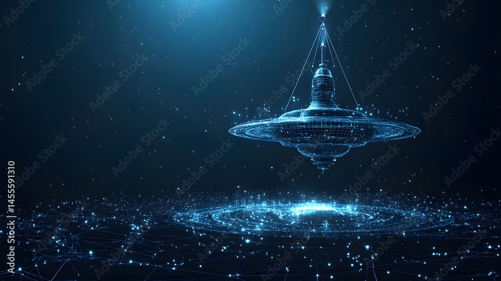Poster futuristic scene with luminous blue objects and a stylized building against a dark, star-filled back