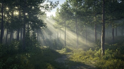 Obraz premium Dense pine forest with light rays filtering through morning mist, hyper-realistic tree textures