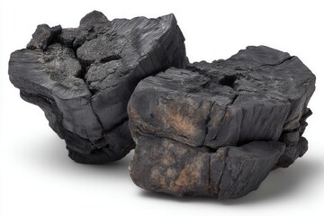 Obraz premium Close up of two pieces of charcoal on a white background showing the texture and grain of the wood