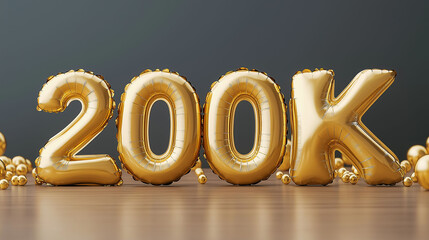 A large number of balloons formed the number 20,000. The balloons are golden and scattered on the ground. A celebration and achievement concept for reaching 200,000 followers.