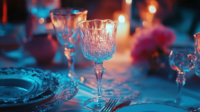 Elegant crystal glassware on table setting candlelight - Powered by Adobe