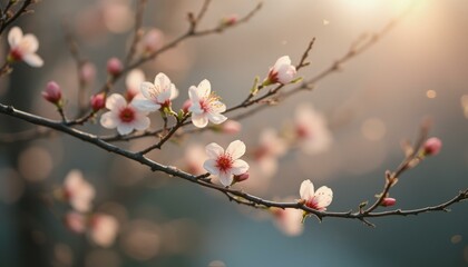 Delicate Blossoms on Twigs Against a Soft Background With Sunlight in Springtime
