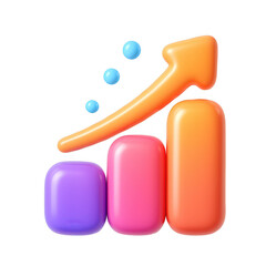 Modern 3D illustration depicting business growth and success. Colorful bar chart with rising segments and an upward trend arrow, enhanced by floating spheres.