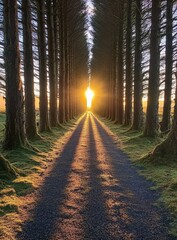 Fototapeta premium Sunlight streams through a path lined with tall trees Shadows stretch long on the ground