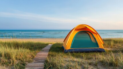 Bright Yellow Tent by Tranquil Beach at Sunrise with Calm Waves