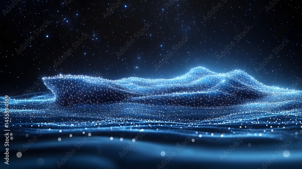Fototapete futuristic digital landscape under a starry night. white lines form undulating hills against a dark 