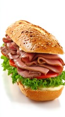 Delicious Roast Beef Sandwich on a Sesame Seed Baguette with Fresh Lettuce and Tomato