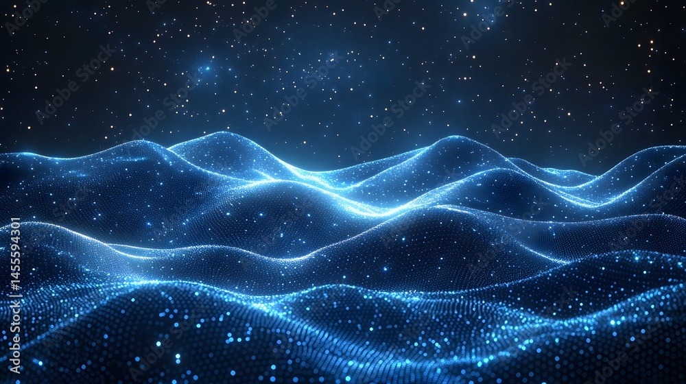 Poster a mesmerizing digital landscape. shimmering, undulating terrain of bright blue dots under a star-fil