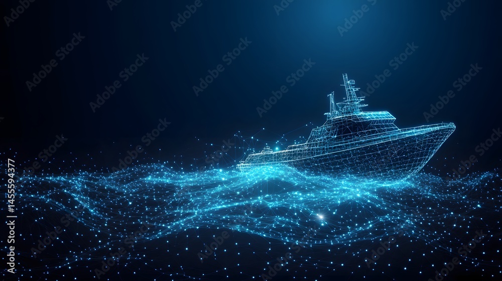Poster futuristic ship sailing the digital seas. a modern vessel rendered in blue wireframe against a dark 