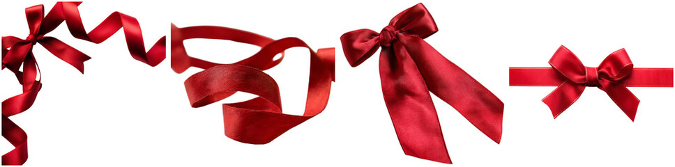 Various styles of red ribbons and bows are presented against a white backdrop, ideal for decorations and gift wrapping for celebrations and special events