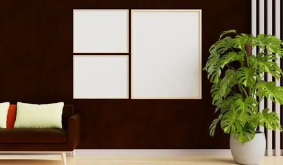 Empty picture frame on the wall in the living room, 3D illustration