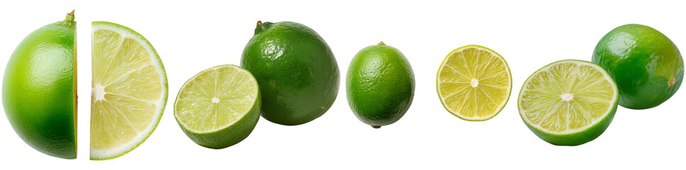 Limes are displayed in different cuts, highlighting their bright green skin and the juicy flesh inside. The arrangement emphasizes their freshness and appeal
