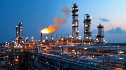 Fototapeta premium An industrial plant at dusk glows with lights, flares, pipes, and towers against a twilight sky