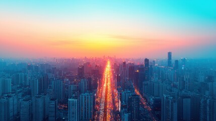 Fototapeta premium Vibrant Sunset over Urban Cityscape with Traffic Flowing Below