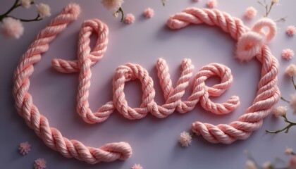 The word "Love" spelled out in soft pink braided rope, adorned with tiny flowers