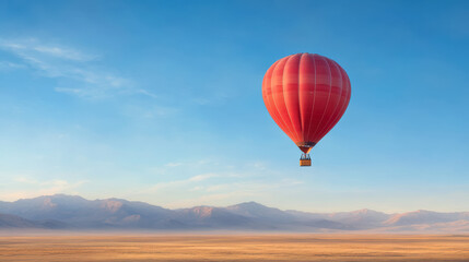 Obraz premium Vibrant hot air balloon floats gracefully over serene desert landscape, showcasing stunning