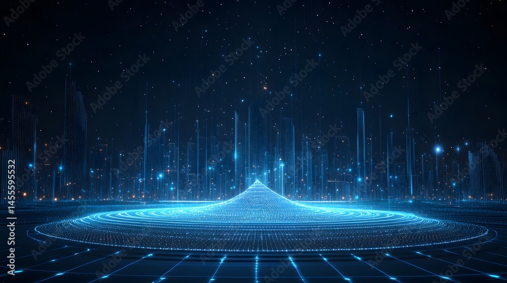 Aufkleber futuristic digital cityscape under a starlit sky. towering buildings of blue light form a virtual sk
