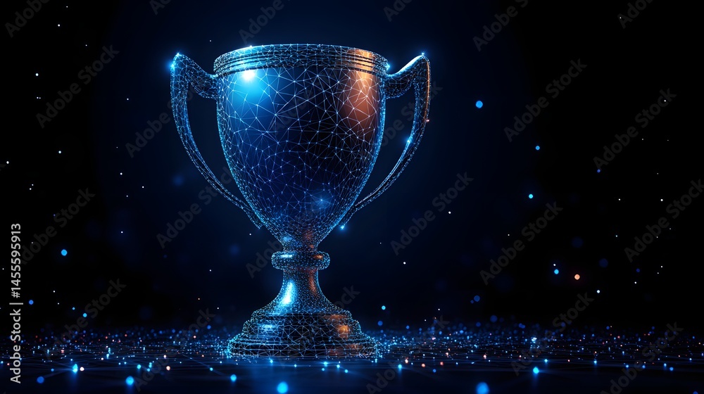 Aufkleber Futuristic digital trophy shimmering with interconnected lines on a networked surface. Achievement meets technology. Abstract Digital low-poly wireframe connected dots in dark blue