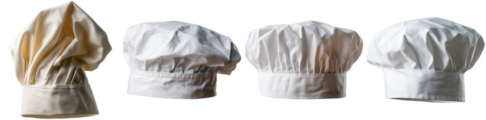 Various styles of classic white chef hats shown in isolated transparent format. Perfect for culinary themes, restaurant designs, or cooking related projects