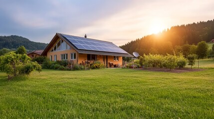 Obraz premium Modern Eco-Friendly House with Solar Panels in Serene Landscape