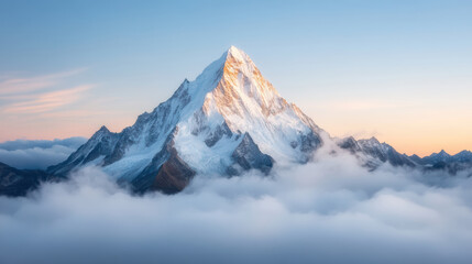 Obraz premium Majestic mountain peak surrounded by clouds sunrise, showcasing stunning natural beauty