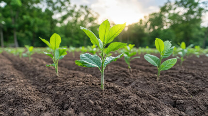 Young plants growing in soil under sunlight, symbolizing hope and renewal