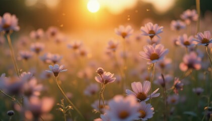 Serene Meadow of Pastel Daisies Bathed in the Warmth of a Gentle Sunrise