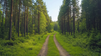 Fototapeta premium Lush green forest path surrounded by tall trees and vibrant foliage creates serene atmosphere
