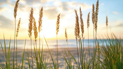 Sunset light through beach grass creates serene coastal atmosphere