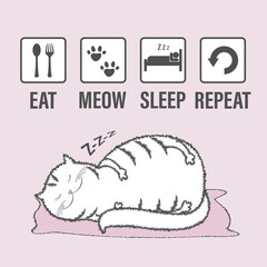 Adorable white fat cat is sleeping, funny banner - eat, meow, sleep and repeat. Motivational poster with cute domestic cat.