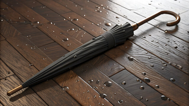 RiskManagement Resilience Adaptation stylish black umbrella rests wooden floor showcasing resilience against rain while highlighting risk
