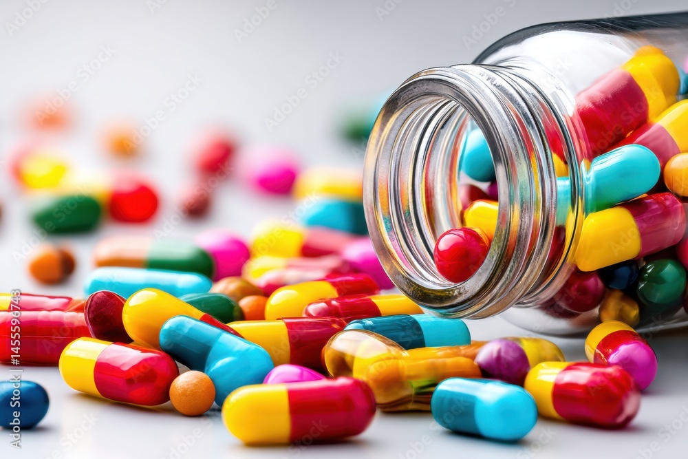 Leinwandbilder Colorful Capsules Spill From an Open Pill Bottle Creating a Vibrant Display on a Neutral Surface During a Minimalistic Setup Generative AI