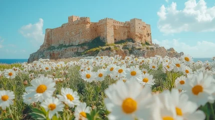 Ancient castle amidst a field of daisies