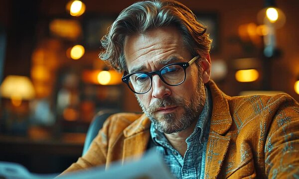 Thoughtful man reading newspaper in a cozy cafe with warm lighting and rustic decor - Powered by Adobe