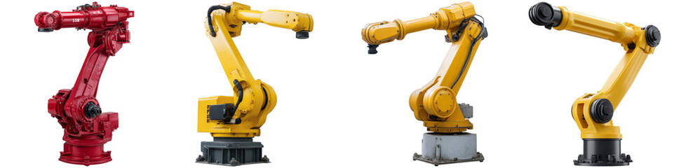 Four robotic arms display different colors and shapes, highlighting advancements in automation technology and versatility in manufacturing processes