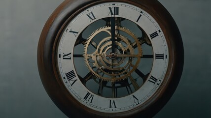 Close up of a vintage clock with exposed gears and roman numerals on a gray background surface